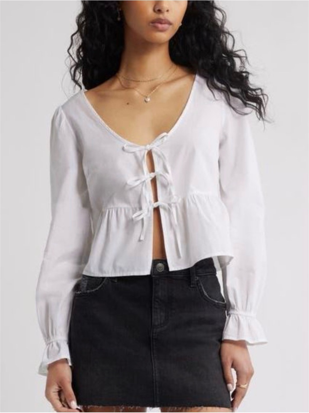 BP Women's White Tie Front Scoop Neck Cotton Poplin Peplum Top
